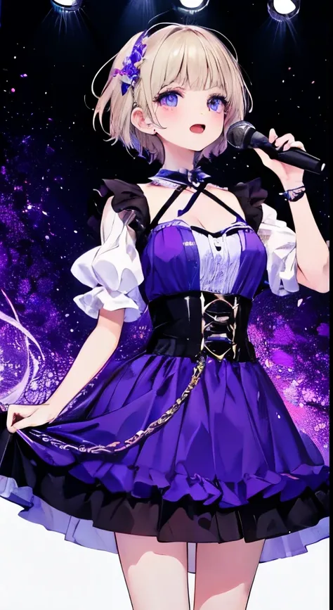 ((best quality)), ((masterpiece)), (detailed), 1girl, light purple eyes, stage costume, short hair, light blond hair with light purple highlights, singing, spotlight