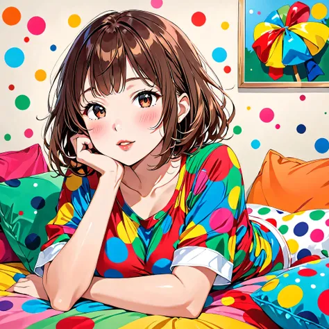 Ultra-realism Yayoi Kusama colorful style, Simple Line Initialism，Abstract art，(((The most beautiful girl of all time))), ((Lips in love)), colorful hearts, stylish design, sports fashion, (((Holiday Room))),