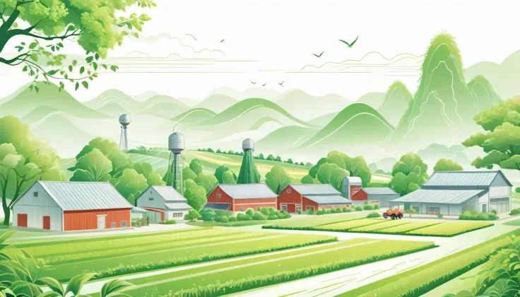 technology center，town，farm，green trees，beautiful scenery，mainly line illustrations，simplicity