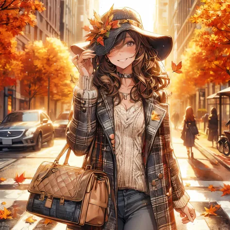 Fashionable autumn outfit, girl, hat, bag, autumn scenery on the street, super smile, masterpiece, best quality, extremely detailed CG unity 8k wallpaper, anime Illustrator