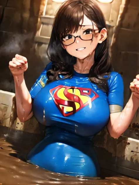 (twin sisters hugging), (skintight blue superman logo t-shirts covered in brown poop) , massive  breasts  in tight  blue superma...