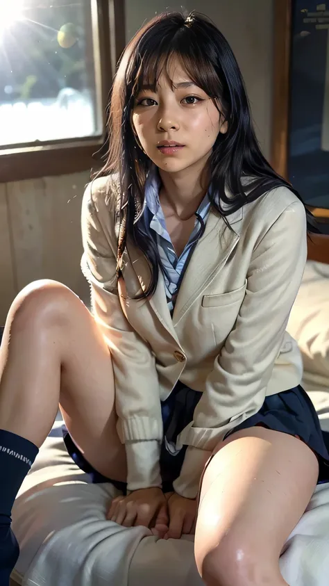 (Sit on the bed:1.5、High school girl:1.5、Spread your legs、View from below)、((uniform、Navy Blue Blazer、(Navy blue pleated skirt:1.2)、Navy blue socks、Detailed white lace panties:1.3)、(Realistic、As shown in the picture、live-action、8k, Realistic, RAW Photos, B...