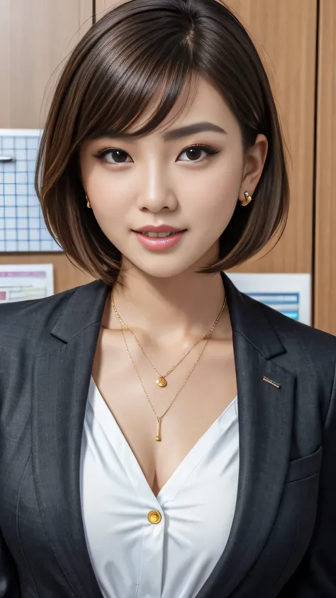 RAW Photo High Resolution, Very detailed, Intricate details, 、ear piercing、、Short Hair、Dark Brown Hair、Office Lady Suits 、jacket、shirt、Heavy makeup、Necklace on neck、, The background is the office
