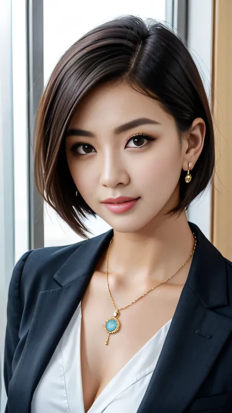 RAW Photo High Resolution, Very detailed, Intricate details, 、ear piercing、、Short Hair、Jet Black Hair、Office Lady Suits 、jacket、shirt、Heavy makeup、Necklace on neck、, The background is the office
