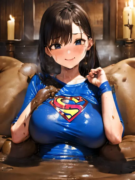 (twin sisters hugging), (skintight blue superman logo t-shirts covered in brown poop) , massive  breasts  in tight  blue superma...