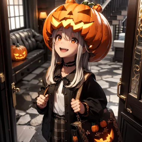 Wearing a pumpkin ghost headgear, girl, bag, looking up at the front door, super smile, masterpiece, best quality, extremely detailed CG unity 8k wallpaper, anime Illustrator