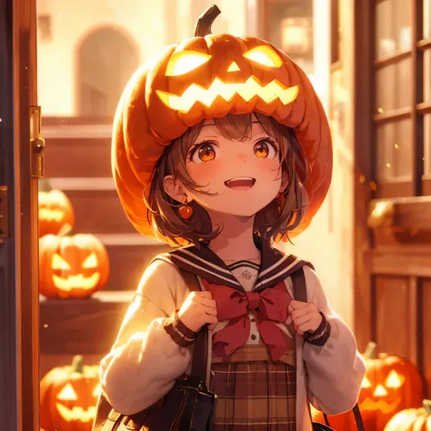 Wearing a pumpkin ghost headgear, girl, bag, looking up at the front door, super smile, masterpiece, best quality, extremely detailed CG unity 8k wallpaper, anime Illustrator