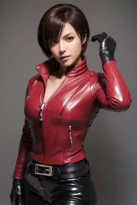 (Realism:1.4),Resident Evil 6,Ada,Short Hair,No background,look at me,A body that makes you want to touch it,foxy make up,Pink Lips,smile,she is Wearing ((long sleeve rider jacket(red leather))(((close the zipper tightly)))) and ((one waist belt)(Black lea...