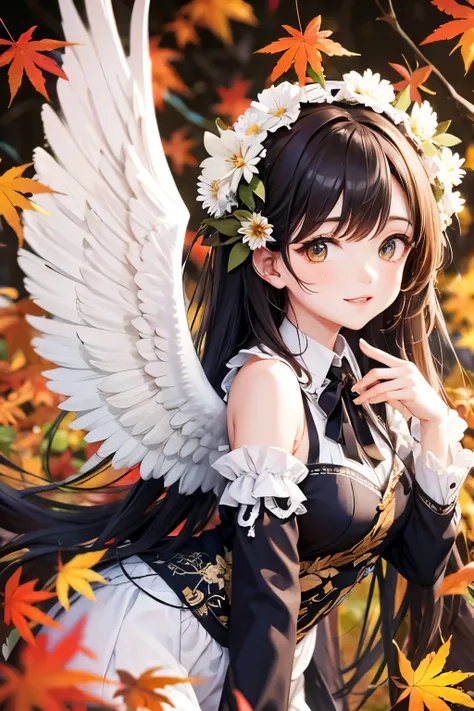 A beautiful and cute angel with wings shaped like maple leaves.、Background: Autumn foliage