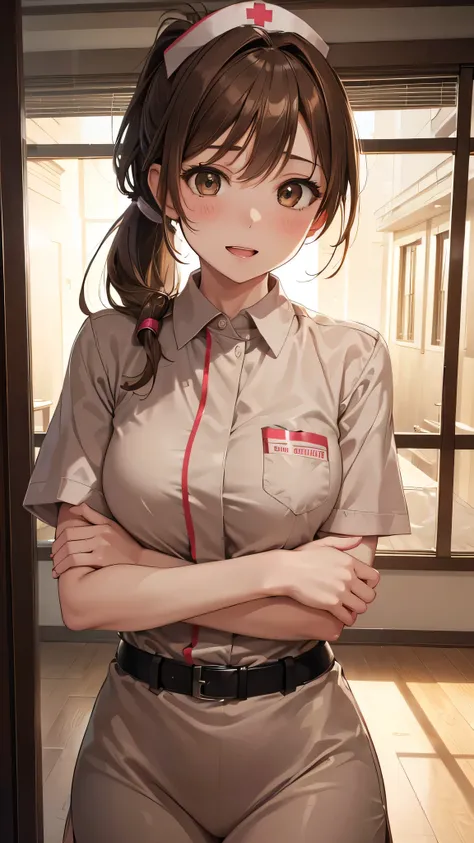 8k resolution,((Best Quality)),Ultra-high resolution,Adult women, Alone, sexy, (Ecstatic expression:1.4), (Light brown eyes), A beautiful, symmetrical face, (Brown medium ponytail),Nurse uniform,Nurse&#39;s white skirt,White Stockings,Realistic:1.4,Realist...