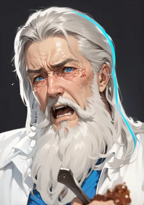 masterpiece, beautiful illustration, elderly man, gray hair, Blue eyes,  open mouth, gray long beard, is in pain