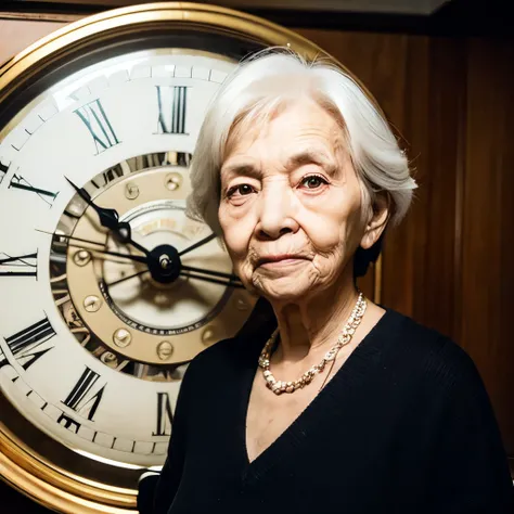 City、An old woman is standing holding a large clock in both hands.、Close-up of an old woman holding a clock in both hands