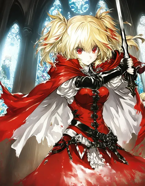 1girl, solo, cowboy shot, white shirts, red long cape cloak, red corset, frills red skirt, black fingerless gloves, knee boots, blonde, two side up, red eye, (holding a sword), 
Anime Girls, dutch angle, acrobatic pose, Gloomy painting style, church, stain...