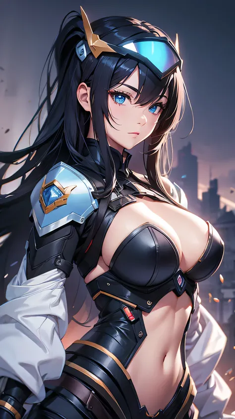 最high quality、Best image quality、masterpiece、Android Female((Robot Body、Blue visor、cute、Best Bust、Long Hair、Big Bust、Open your chest wide,Black Hair、thin、The highest valley、Show the whole body、Blue Eyes、Have a big sword)）high quality、Beautiful art、backgrou...