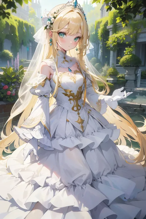 girl, blonde straight hair, green eyes, (long floor-length gorgeous beautiful fantasy white complex princess gown with embroidery and layers), white gloves, white laced head cape, masterpiece, best quality, colourful, full-body image, garden, falls to the ...