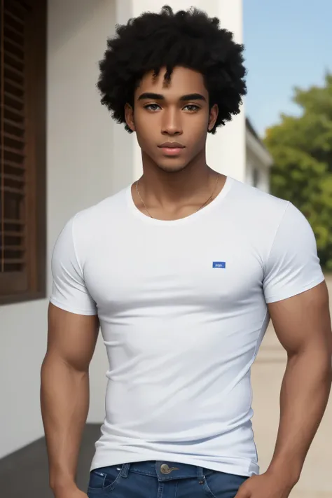 A mixed half white half black man.Tall with dark skin and  curly blonde hair with an undercut ,lovely blue eyes with a slim yet slightly  muscular build in a white t shirt and blue jeans with a clean shaven face.