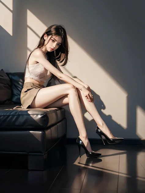 real、long legs、full、feminine、mini skirt、high heels、very delicate face,realistic lighting and shading, (very delicate and beautif...