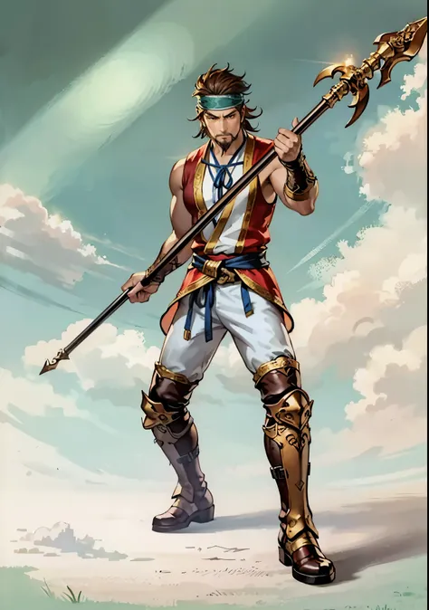 (masterpiece:1.2, best quality:1.2, extremely delicate:1.2), ((male:1.5)), a middle-aged man with short brown hair, a headband, a dignified face, mustaches and goatee beard, a fantasy martial arts style orange-yellow sleeveless vest, a sash wrapped around ...