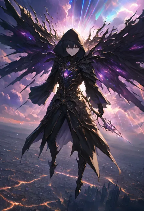 from above, a character from the anime I Want to Become a Shadow Powerful, Shido Kageno, wearing a black hooded cape with gold trim, all-black outfit, dark expressionless, holding a dull shining rapier up to the sky, floating in the sky above a European-st...