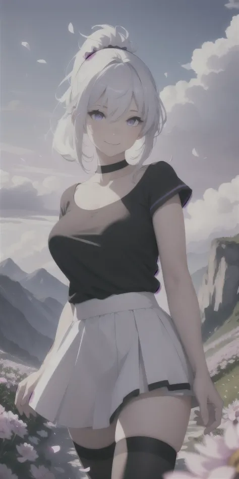 1girl, ponytail,white hair, purple eyes, t-shirt, skirt, thighhighs, flower, petals, light smile,medium breasts, collarbone, depth of field, petals, (illustration:1.1), landscape, background, abstract, mountainous horizon, cloud, sun,