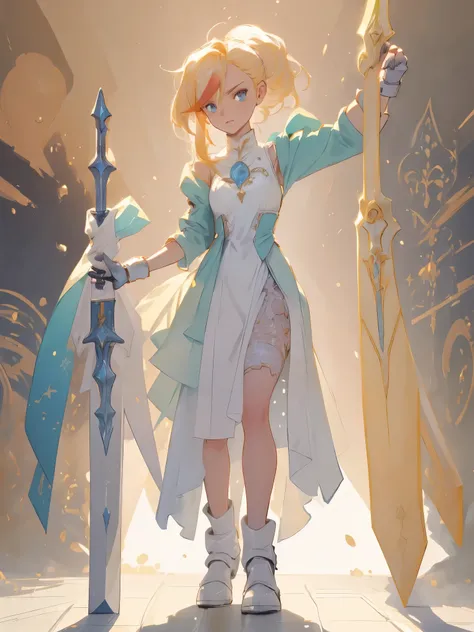 Design a layout showcase Gaming character, (1girl). Golden+Purle clothes, stylish and unique, ((showcase weapon:1.4)), magic staff, (masterpiece:1.2), (best quality), 4k, ultra-detailed, (Step by step design, layout art:1.5), (luminous lighting, atmospheri...