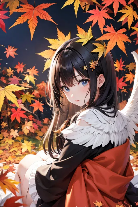 A beautiful and cute angel with wings shaped like maple leaves.、Background: Autumn foliage