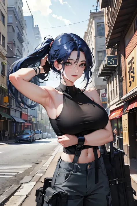 black eyes, long blue hair parted in the middle, Composition looking up from below, big breasts, big ass, short black tank top, cool face, cargo pants, smile, ads, smooth muscles