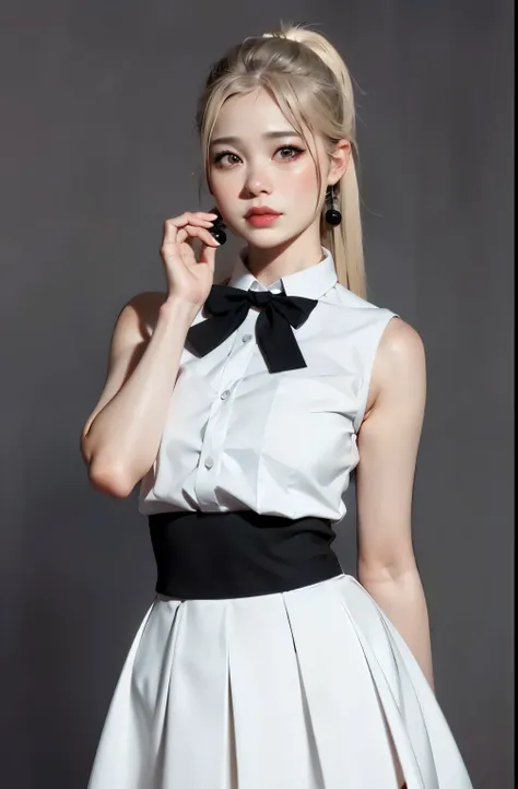 best quality, ultra high res, 1girl, sleeveless white button shirt, black skirt, black choker, cute, (Kpop idol), (aegyo sal:1), (platinum blonde hair:1), ((puffy eyes)), looking at viewer, full body, facing front