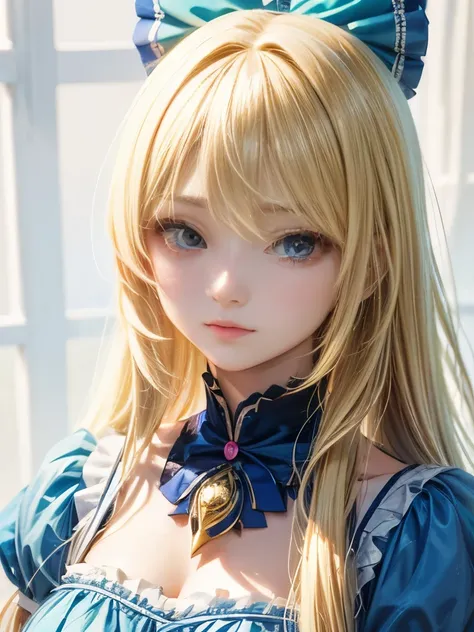 A blonde woman with long hair and a blue dress is posing for a photo, Alice in Wonderland, Realistic anime art style, Photorealistic anime girl rendering, Smooth anime CG art, Anime realistic style, Realistic art style, Realistic young anime girl, Alice, G...