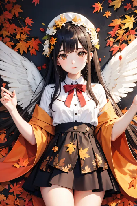 A beautiful and cute angel with wings shaped like maple leaves.、Background: Autumn foliage