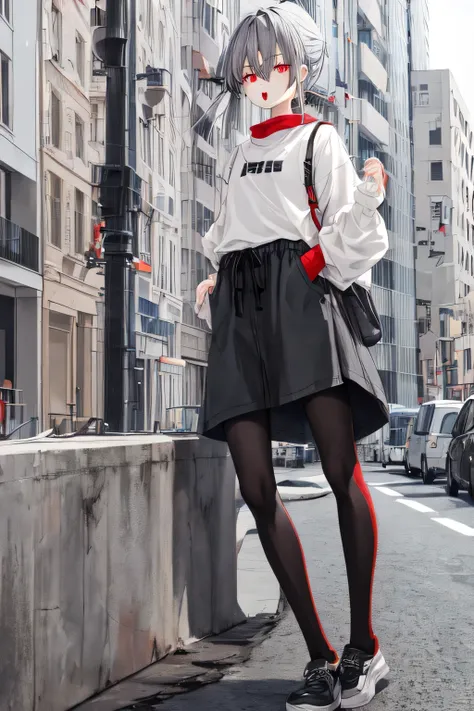 Baggy clothes　Black tights　Gray Hair　Red Eye　low length　Open your mouth