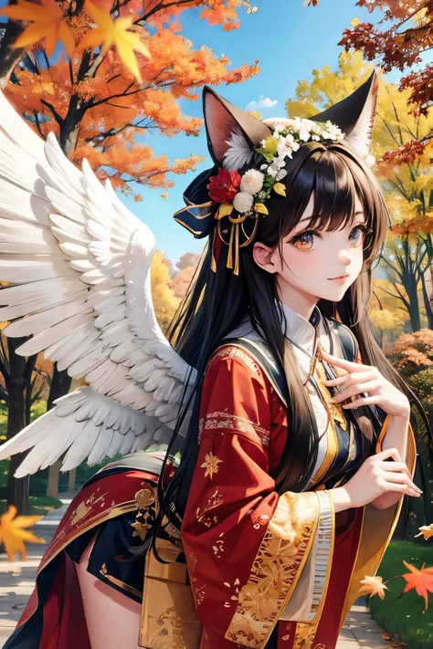 A beautiful and cute angel with wings shaped like maple leaves.、Background: Autumn foliage