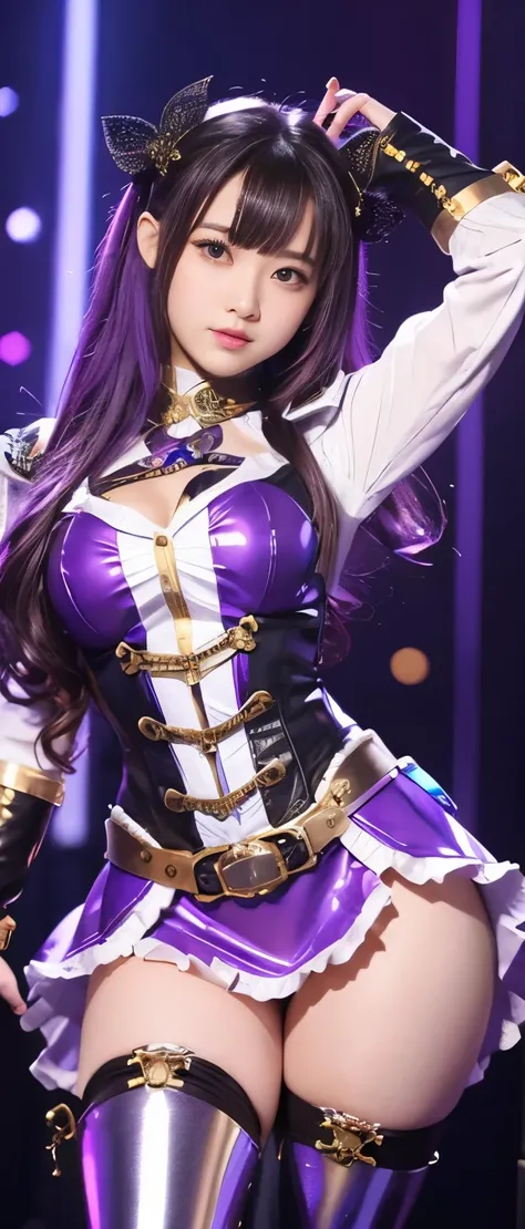 Gorgeous idol knight girl、whole body、Good style、、、、、、、、、、Thick legs、Steampunk Armor Uniform（Shiny purple and silver）、Galaxy print shirt、A pure girl&#39;s face、、、、、、Glowing starry sky、