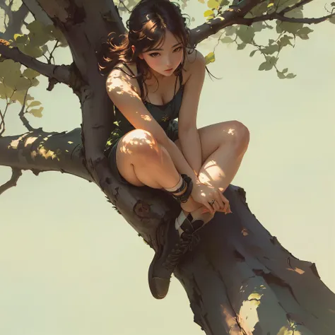 girl sitting on a tree branch, very tall tree, high altitude, ground under tree grass, very beautiful girl, sexy, High detail