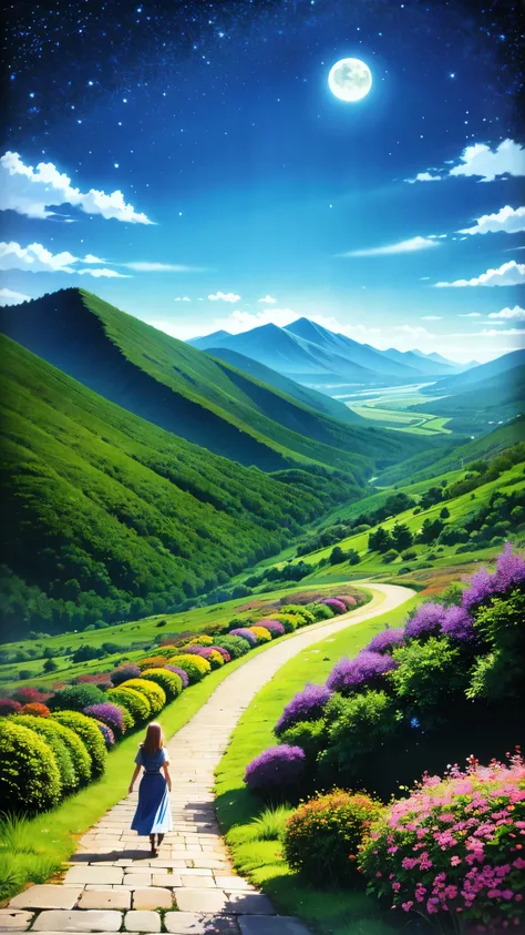 anime-style illustration, A serene landscape featuring a young woman standing on a path, overlooking terraced mountainous valley. The scene is depicted in a highly saturated and vibrant style, intense and rich colors vivid. The lush greenery, cascading hil...