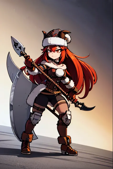 Ultra-detailed, Best Quality,low length,Chestnut Hair,(Big battle axe:1.5),Warrior,Winter city,Fur coat,Carry a weapon,ho ears々laughing out loud,Transistor Grammar,Fur hat,One Girl,Viking Helmet