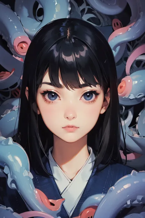 ((Best Quality)), ((masterpiece)), (detailed), Japanese,Young Girl,Front face,Dark Eyes,Black Hair,Hime cut,Long tentacles entering the mouth,Bust Shot,Looking at the camera,