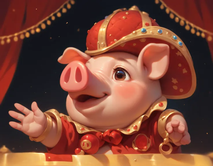 beautiful illustration, masterpiece, cute pig, hat, decorated with gold, красная hat, роскошная hat