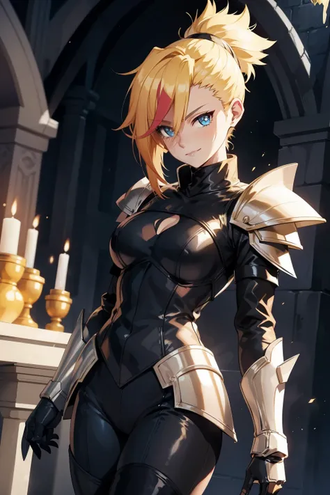 woman alone, blonde hair, short spiky hair, delicate armor, knight, Fantasy, ironic smile, black pants, black gloves