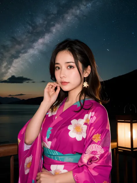 Million dollar night view　Beautiful face like an actress　Pink Yukata　Night Sky　Starry Sky　綺麗なStarry Sky　
