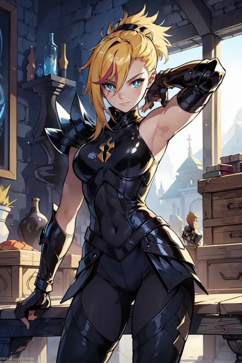 woman alone, blonde hair, short spiky hair, delicate armor, knight, Fantasy, ironic smile, black pants, black gloves