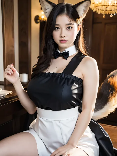 ((Best Quality, 8k)), ((masterpiece)), (Highest Resolution), Perfect Face, Woman with fox ears, Woman with a tail, Beautiful woman, She is a maid, This was taken in a restaurant, Only one tail, She has thick thighs, Her big fox tail, I can see her fox tail...