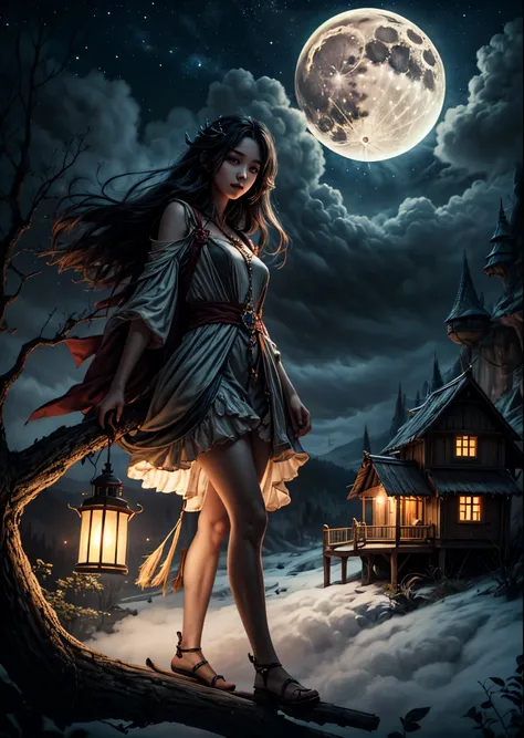 A girl demon standing on the branch of a huge dead tree、Look at me、Beautiful Face、Fairytale World、I can see a hut in the distance、Pale Full Moon, Almost hidden by clouds、Starry Sky、Lamp Light、Fantasy art、Illustration art、Very delicate、Beautiful lighting