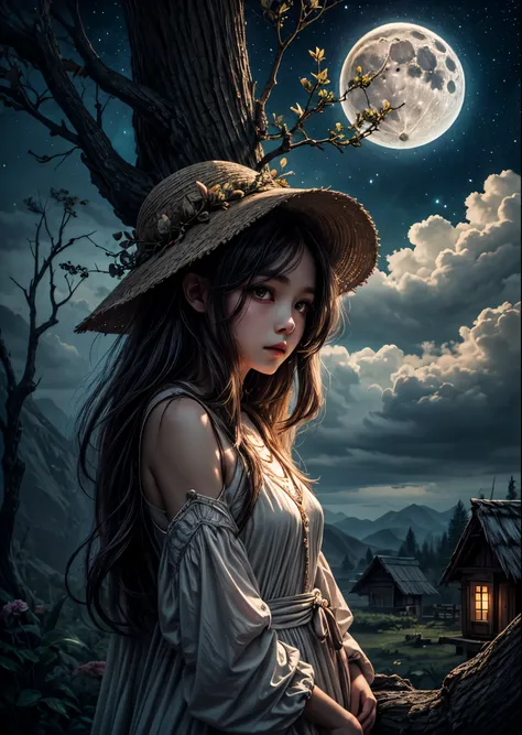 A girl demon standing on the branch of a huge dead tree、Look at me、Beautiful Face、Fairytale World、I can see a hut in the distance、Pale Full Moon, Almost hidden by clouds、Starry Sky、Lamp Light、Fantasy art、Illustration art、Very delicate、Beautiful lighting