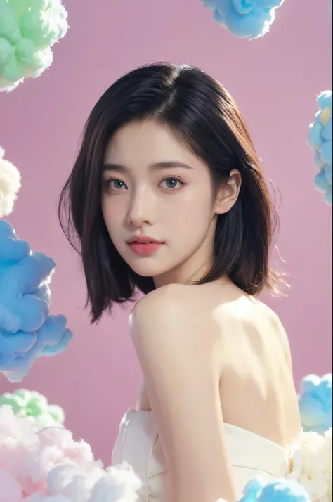 
(((best quality))),(((ultra detailed))),(((masterpiece))),illustration,from back,1girl, beautiful, ethereal, dreamy eyes,bare back, delicate features,simple shoulder length straight hair, surrounded by colorful cotton candy clouds, serene posture, gentle ...