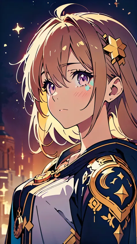 anime character portrait,(Strong bold outline:1.4),(masterpiece, best quality,high resolution:1.4),  anime character portrait, golden hair, intense gaze, purple eyes, melancholic yet sleepy expression, looking up drowsily, surrounded by clockwork and stars...