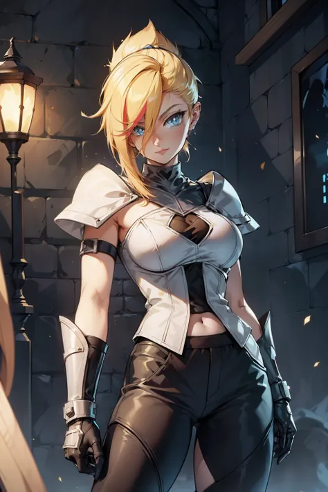 woman alone, blonde hair, short spiky hair, delicate armor, knight, Fantasy, ironic smile, black pants, black gloves