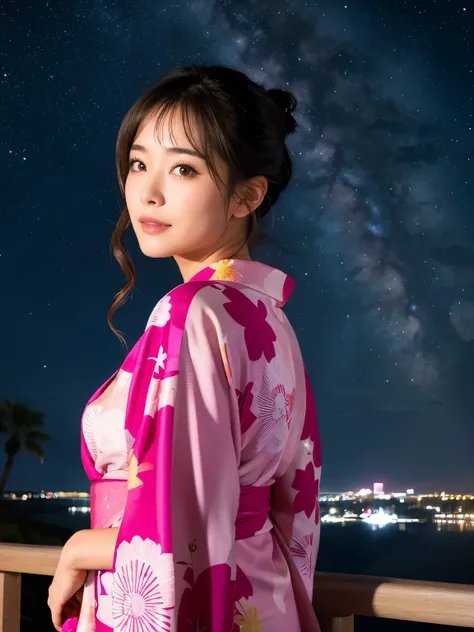 Million dollar night view　Beautiful face like an actress　Pink Yukata　Night Sky　Starry Sky　綺麗なStarry Sky　AsianEyesEra
