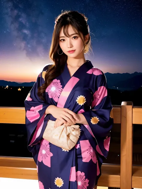 Million dollar night view　Beautiful face like an actress　Pink Yukata　Night Sky　Starry Sky　綺麗なStarry Sky　AsianEyesEra
