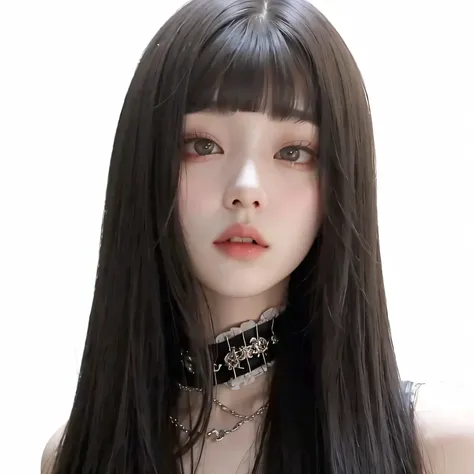 korean girl with long black hair, straight and with bangs. ulzzang girl with gothic style and soft face. she has black hair with...